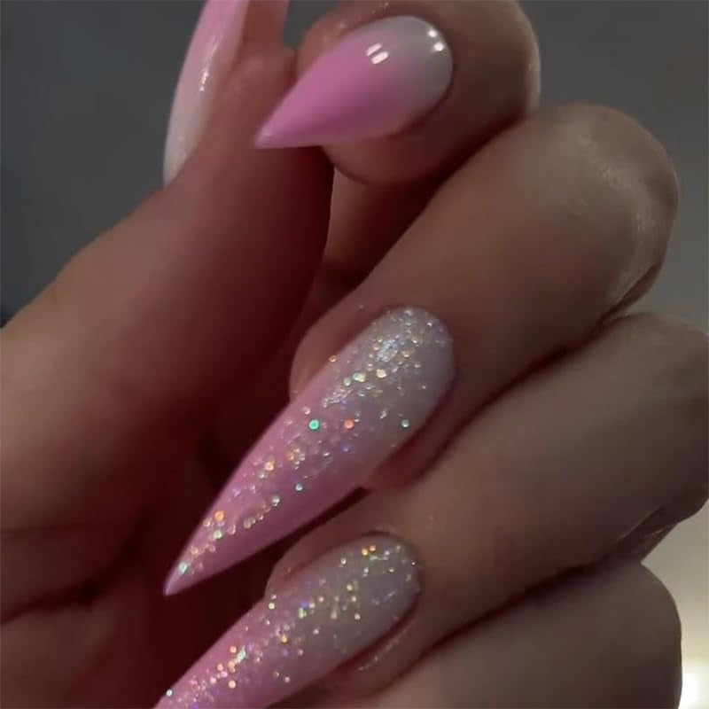 Mouyouglow longs ongles Stiletto laiteux blanc dégradé rose paillettes Cool faux ongles avec colle rose Ombre paillettes ongles artificiels
