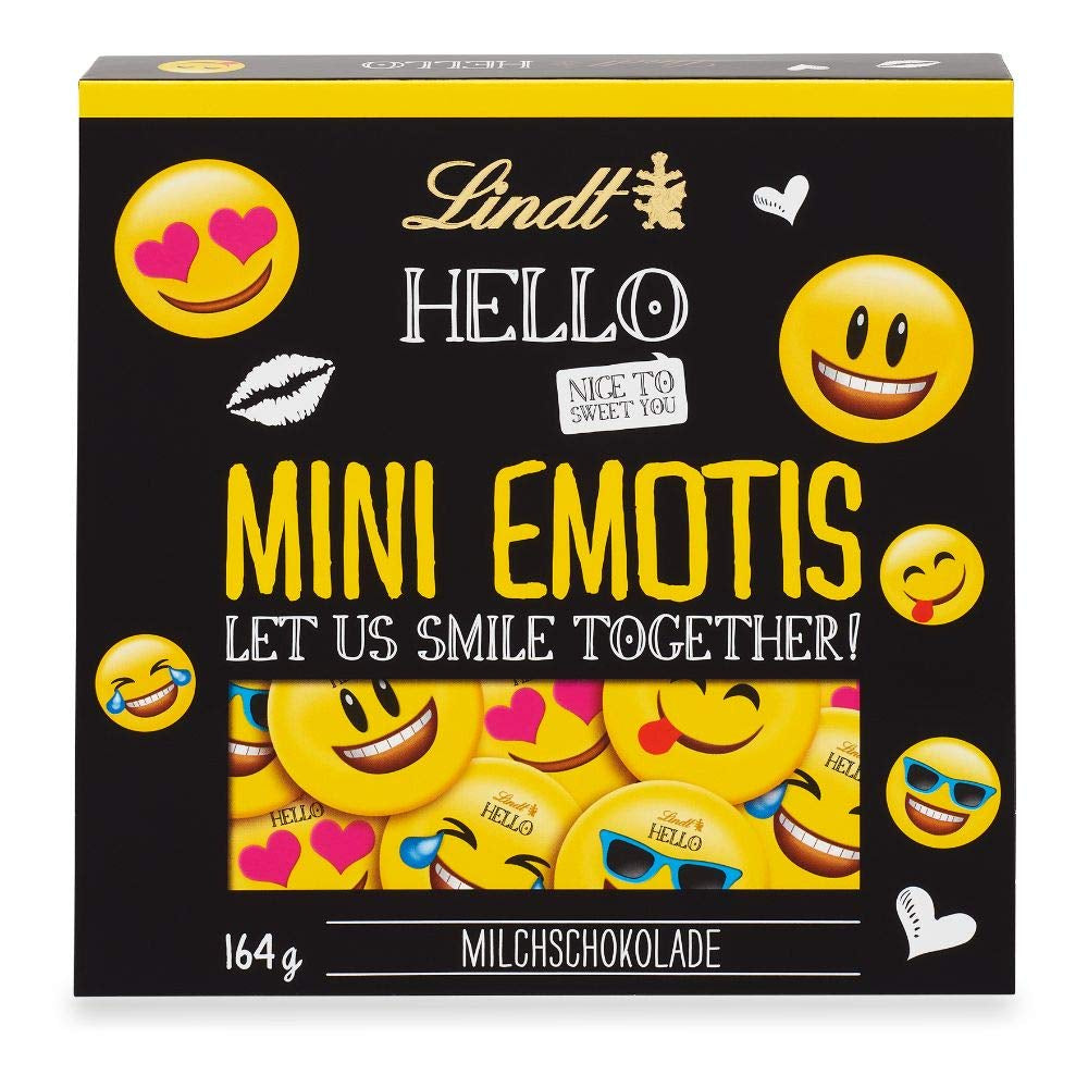 Assortiment de chocolat (37 boules LINDOR, 24 bâtonnets Hello Mini, 10 Mini Fioretto), cadeau chocolat (1 x 815 g) et HELLO Mini Emoti, chocolat au lait en 5 motifs d'émoticônes, 164 g