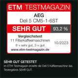 Machine à expresso AEG Deli 5, 1,5 l, minuterie programmable, fonction maintien au chaud, arrêt de sécurité, indicateur de niveau d'eau, dosage optimal, fonction anti-goutte, acier inoxydable, CM5-1-6ST