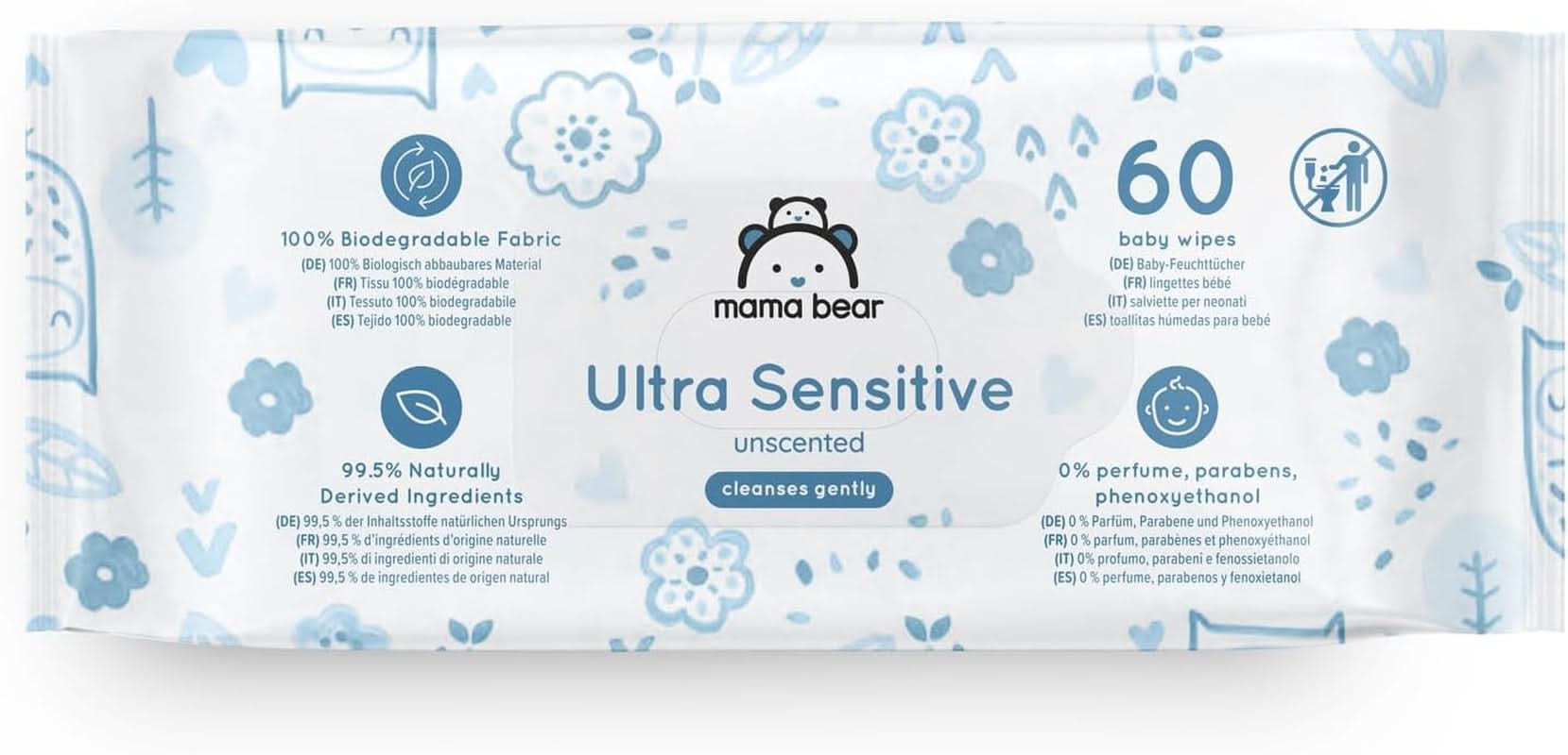 Mama Bear Lingettes ultra sensibles pour bébé sans parfum 1008 unités (18 paquets de 60) Naty Shop