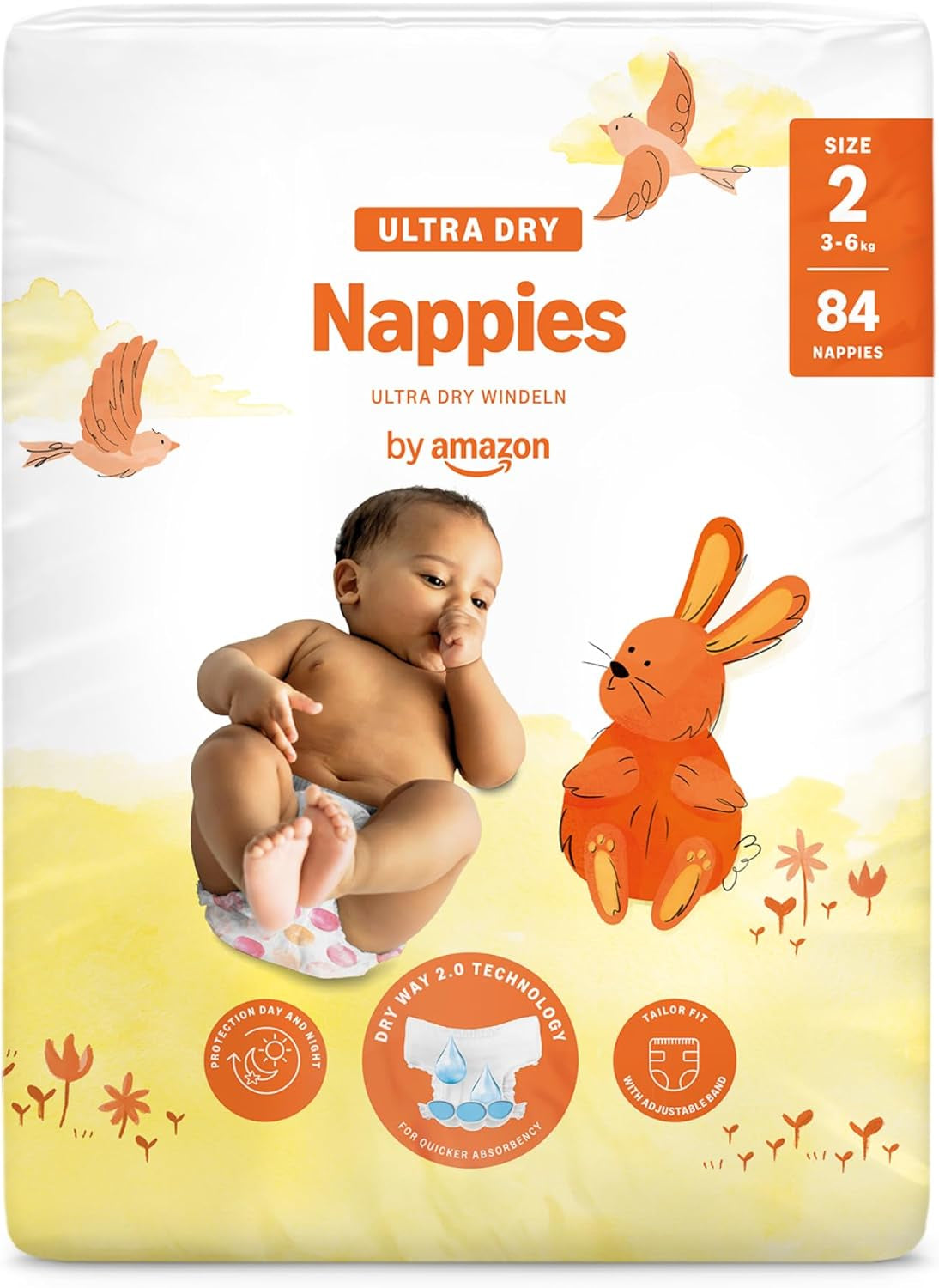 Couches Amazon Ultra Dry, taille 1 (2-5 kg) – Boîte mensuelle, blanche, 96 pièces (2 paquets de 48) (anciennement marque Mama Bear, produit identique)