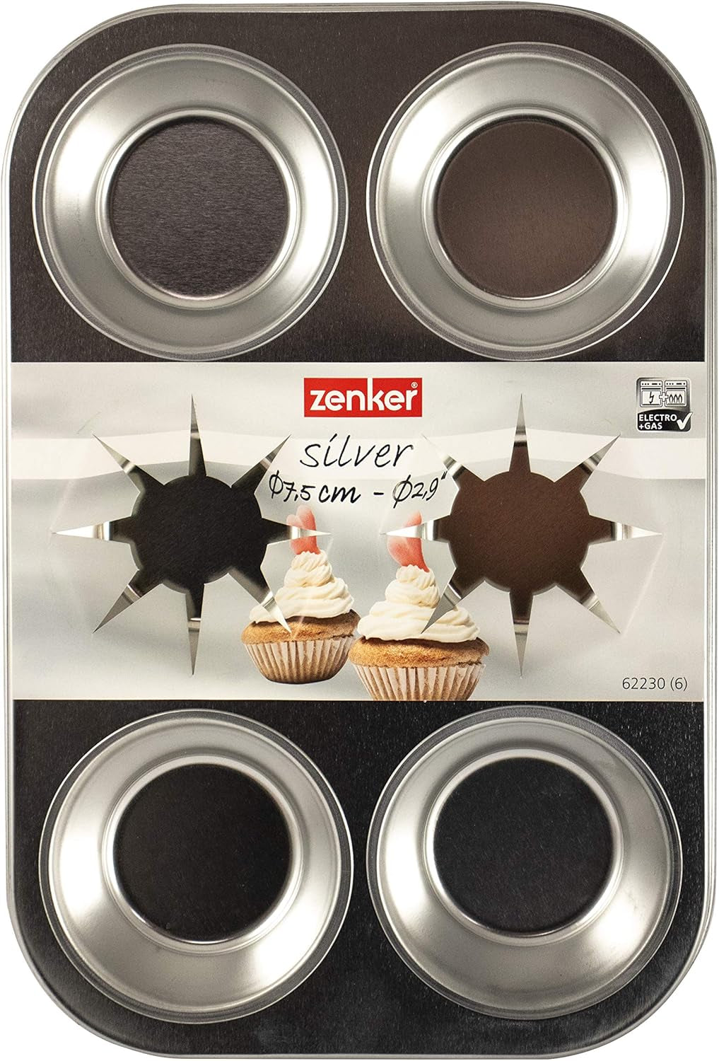 Zenker 62230 Plaque à pâtisserie Cupcake/Muffin 6 pcs, Bande 29 X 19,5 X 3Cm, Silver Line Moules et plaques à pâtisserie Naty Shop