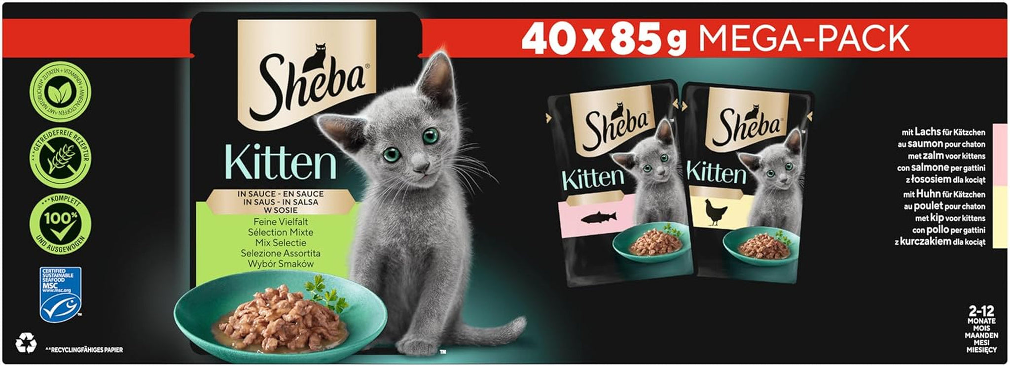 Nourriture humide Sheba pour chatons, en sachets assortis, au saumon (MSC) et poulet en sauce, multipack 40x85g
