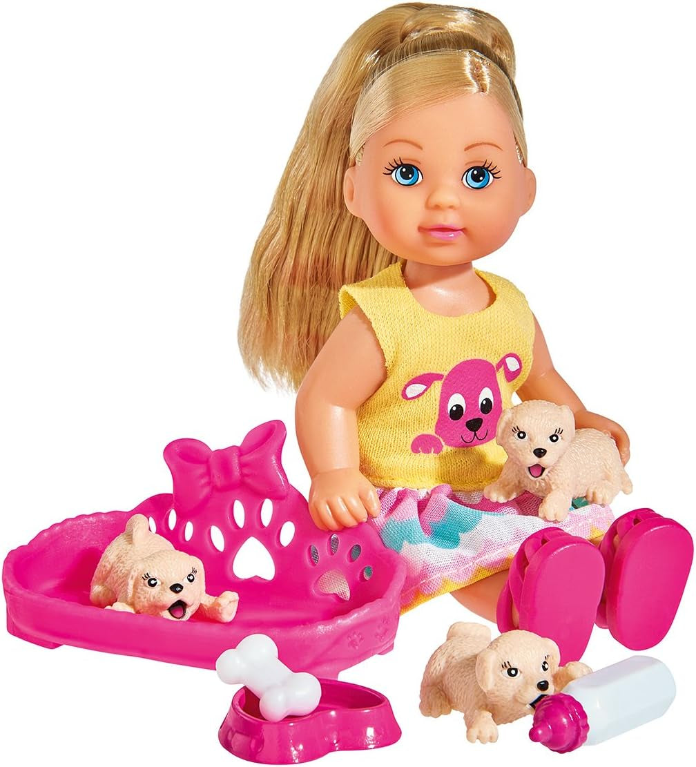 Simba 105733041 - Evi Love Puppy Love avec TROIS chiots, avec niche pour chien et accessoires, poupée mannequin, 12 cm, pour enfants à partir de 3 ans