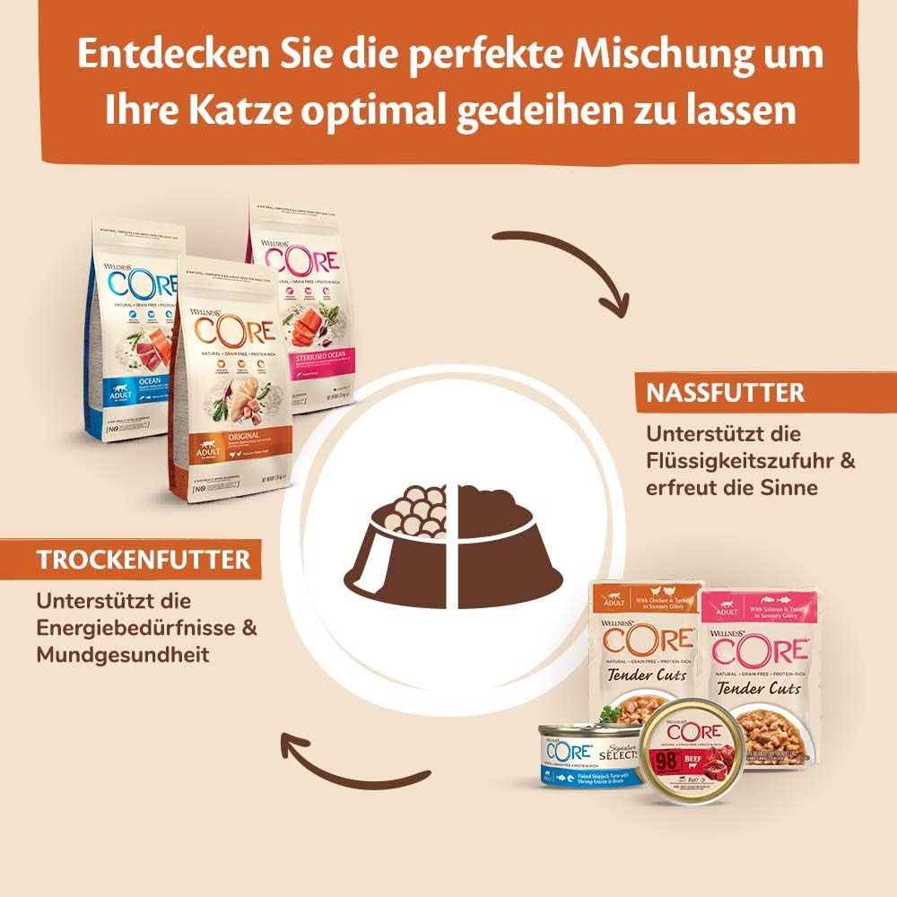 Wellness CORE 98% 12 x 85g, Poulet et Saumon - Nourriture humide pour chats, pâté épais, sans céréales, naturelle, hypoallergénique, riche en protéines, riche en viande