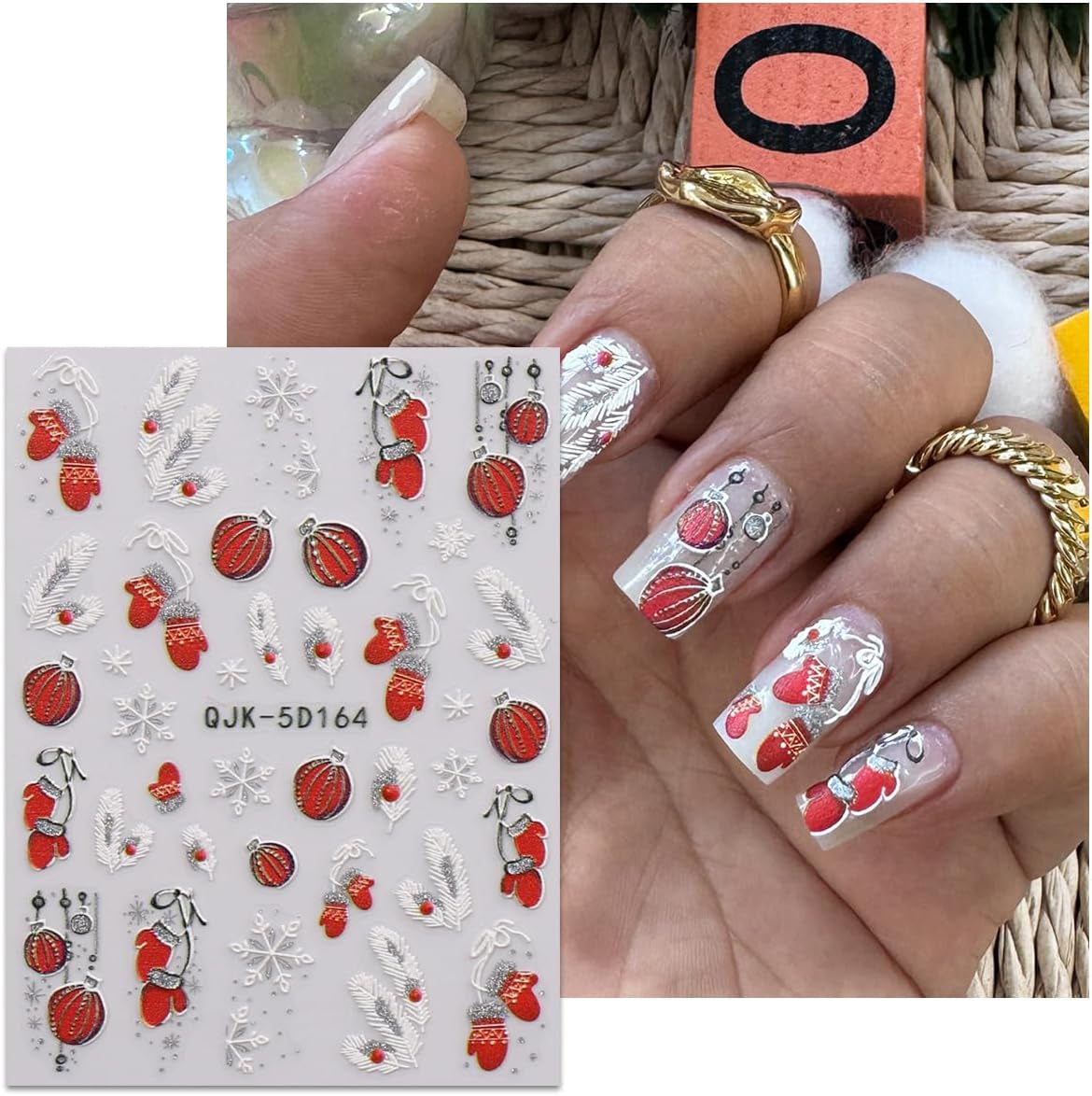 JMEOWIO 3D Nagelsticker Weihnachten Glitzer Nail Art Sticker Selbstklebend Nagelaufkleber 5D Stereoskopisch Schneeflocke Winterurlaub Suß Dekoration Nageldesign Zubehör 4 Blatt
