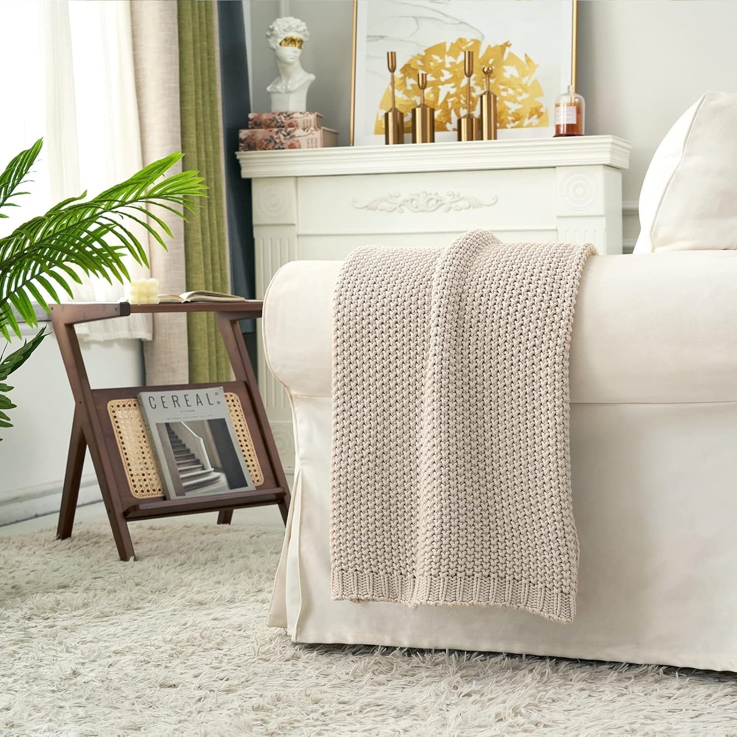 Couverture en tricot épais, Légère, Beige, 100% coton biologique, Couverture pour canapé, canapé, lit, enfant, chambre d'enfant, Rustique, Shabby chic, Ferme moderne, 152,4 X 203,2 cm, Sac à linge inclus Lits et couvertures Literie Longhui