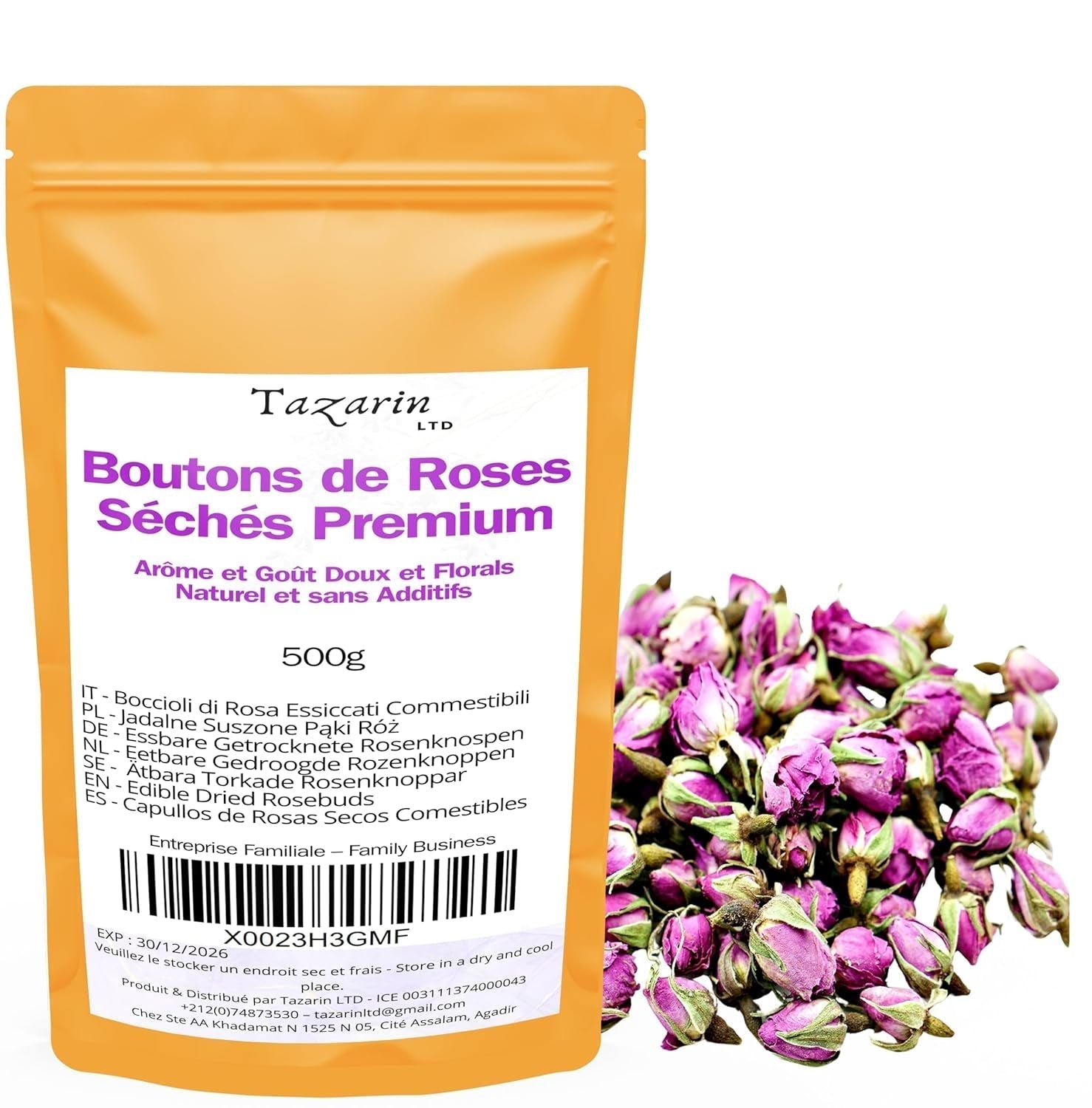 500g boutons de roses comestibles premium - infusion de pétales de roses séchées de l'Atlas - goût et arôme sucrés et floraux - 100% naturels, purs et sans additifs | Tazarin Ltd