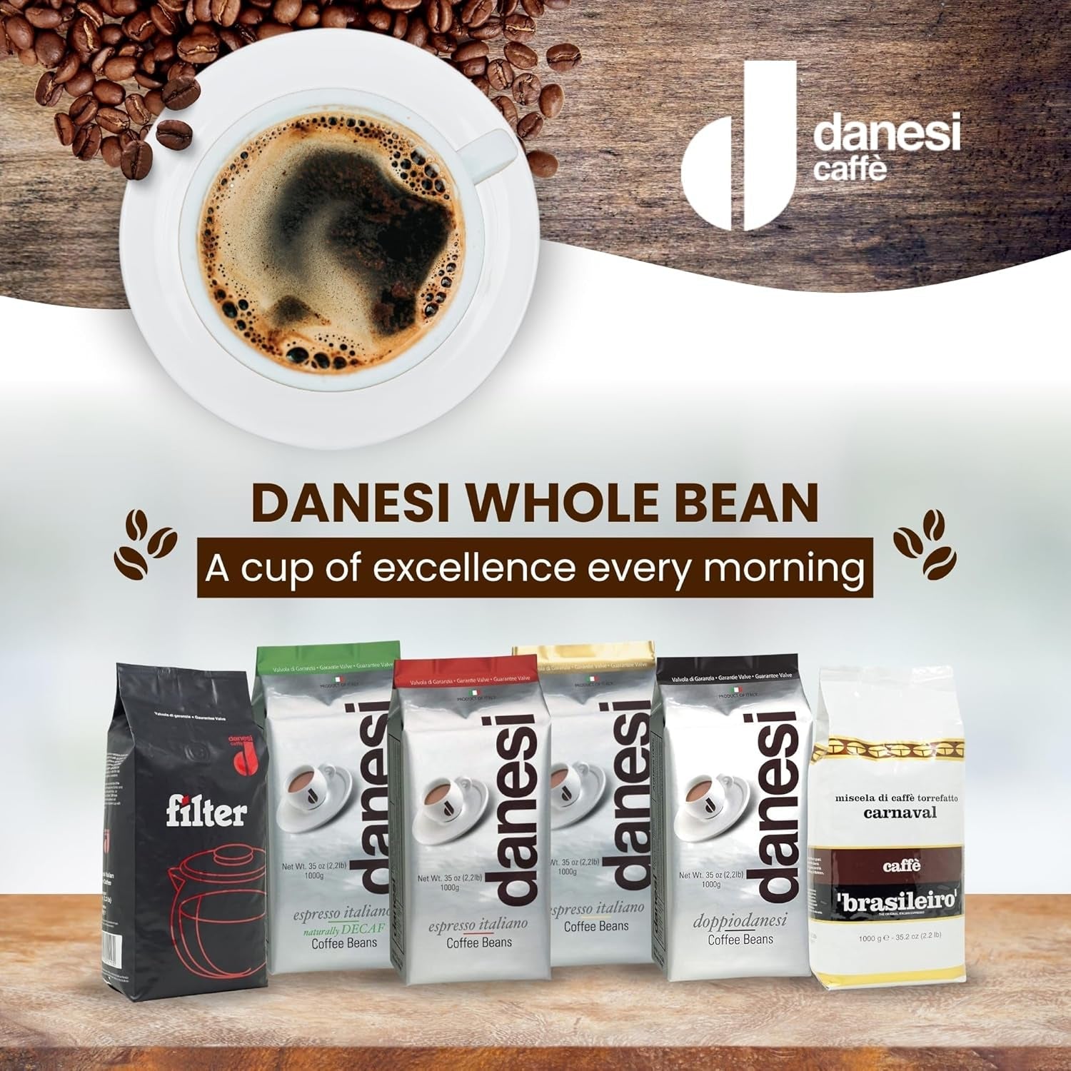 Danesi Decafeinato (décaféiné), haricots, 1 paquet (1 x 1 kg)
