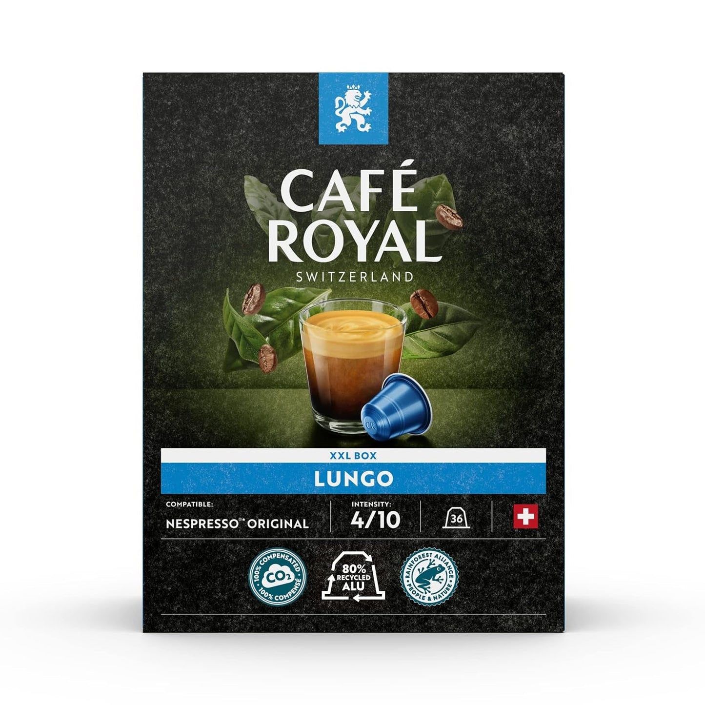 Café Royal Dark Chocolate Flavored 100 capsules pour machine à café Nespresso - 4/10 intensité - certifié UTZ, en aluminium et Lungo 36 capsules pour machine à café Nespresso - 4/10 intensité
