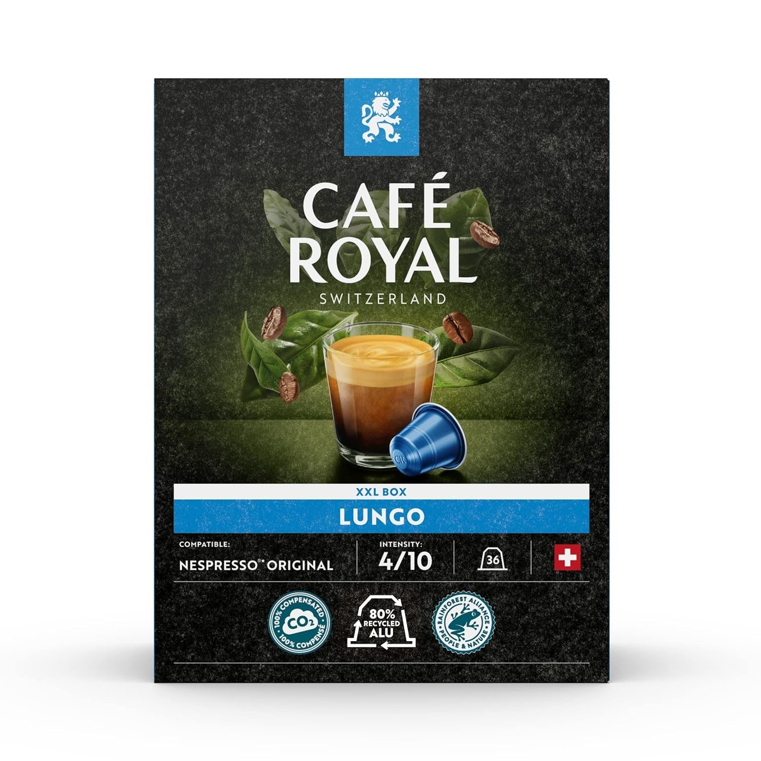 Café Royal Dark Chocolate Flavored 100 capsules pour machine à café Nespresso - 4/10 intensité - certifié UTZ, en aluminium et Lungo 36 capsules pour machine à café Nespresso - 4/10 intensité
