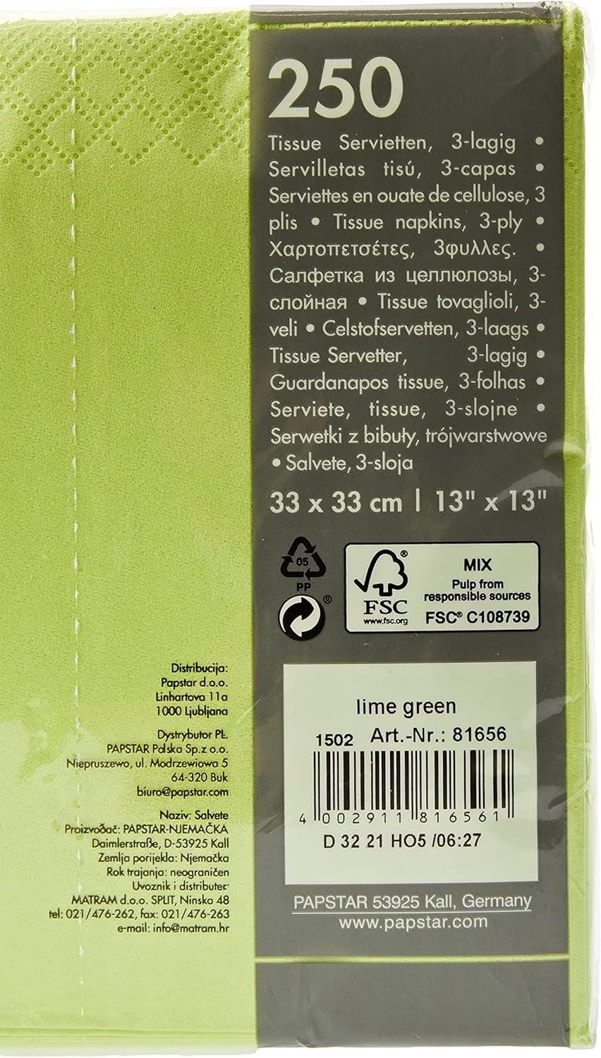 250 serviettes 3 épaisseurs pliées 1/4 33 cm x 33 cm vert pomme (lot de 2)
