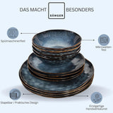 Sanger | Service de table Tokyo 36 pièces Service de table en porcelaine pour 12 personnes Vaisselle moderne faite à la main bleu foncé avec accents noirs | LA COLLECTION PREMIUM