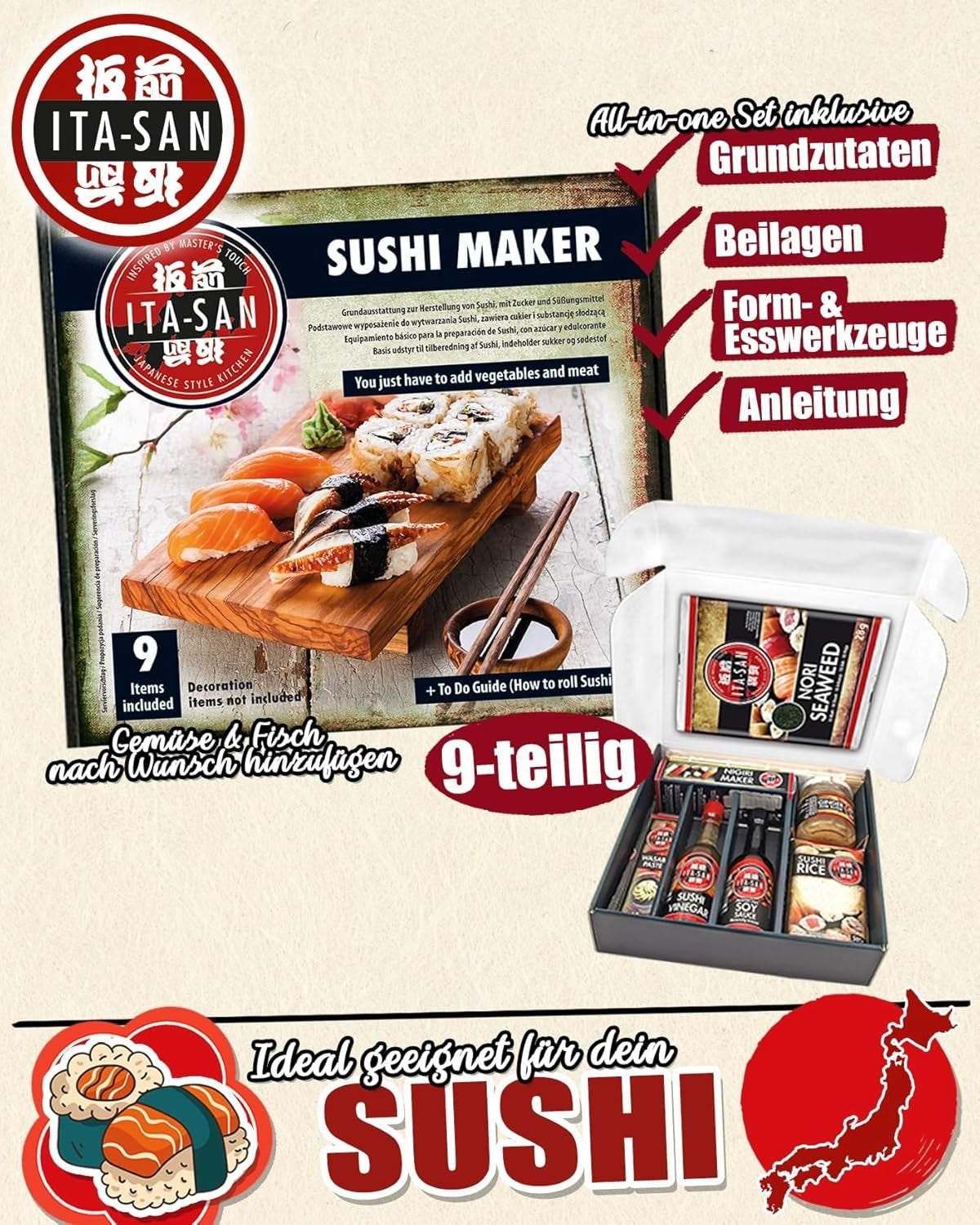 ITA-SAN Sushi Set (set complet de 9 pièces, idéal pour débuter, pour essai ou cadeau) 1 paquet