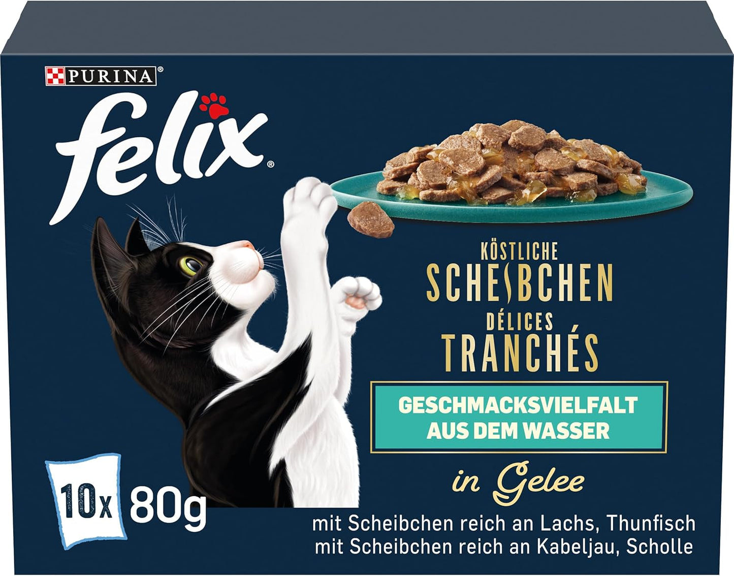 Felix Delicious Nourriture humide pour chat tranchée en gelée, variété de saveurs d'eau, paquet de 6 (6 x 10 sachets de 80 g chacun)
