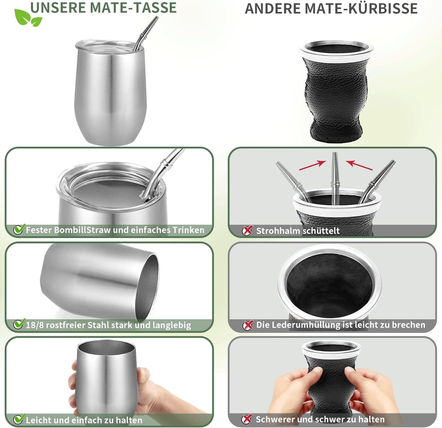 Tasse Mate moderne 340 ml, ensemble de tasses isothermes à double paroi en acier inoxydable Yerba Mate, tasse à thé Mate avec couvercle sans BPA, bombillas et brosse de nettoyage (argent)