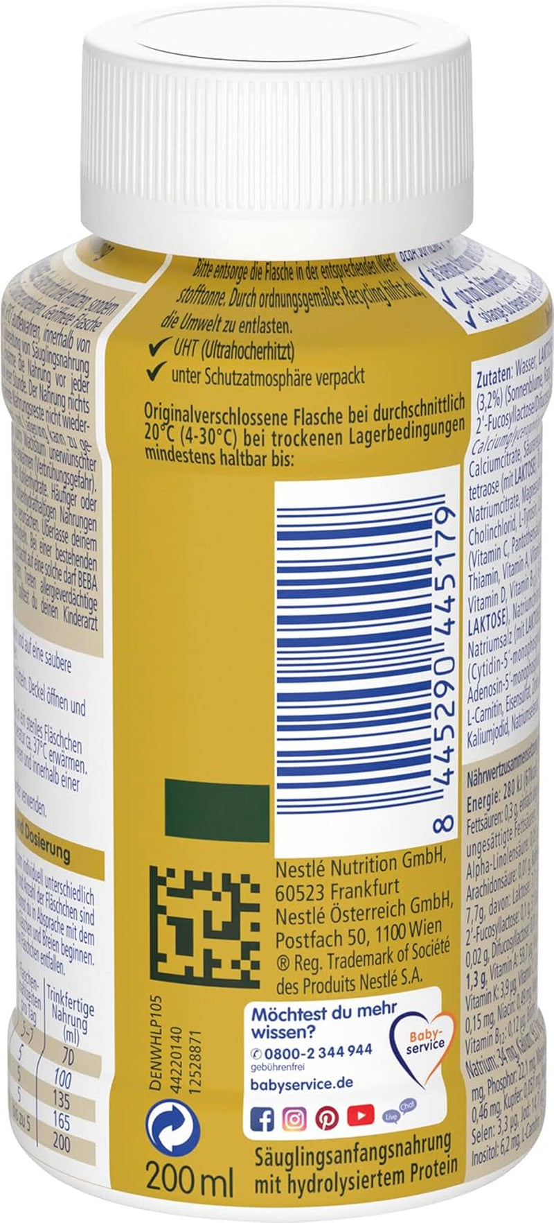 BEBA Nestlé BEBA SUPREME 1 Lait infantile : biberons prêts à boire avec Oméga 3, pack de 4 (1 x 200 ml)