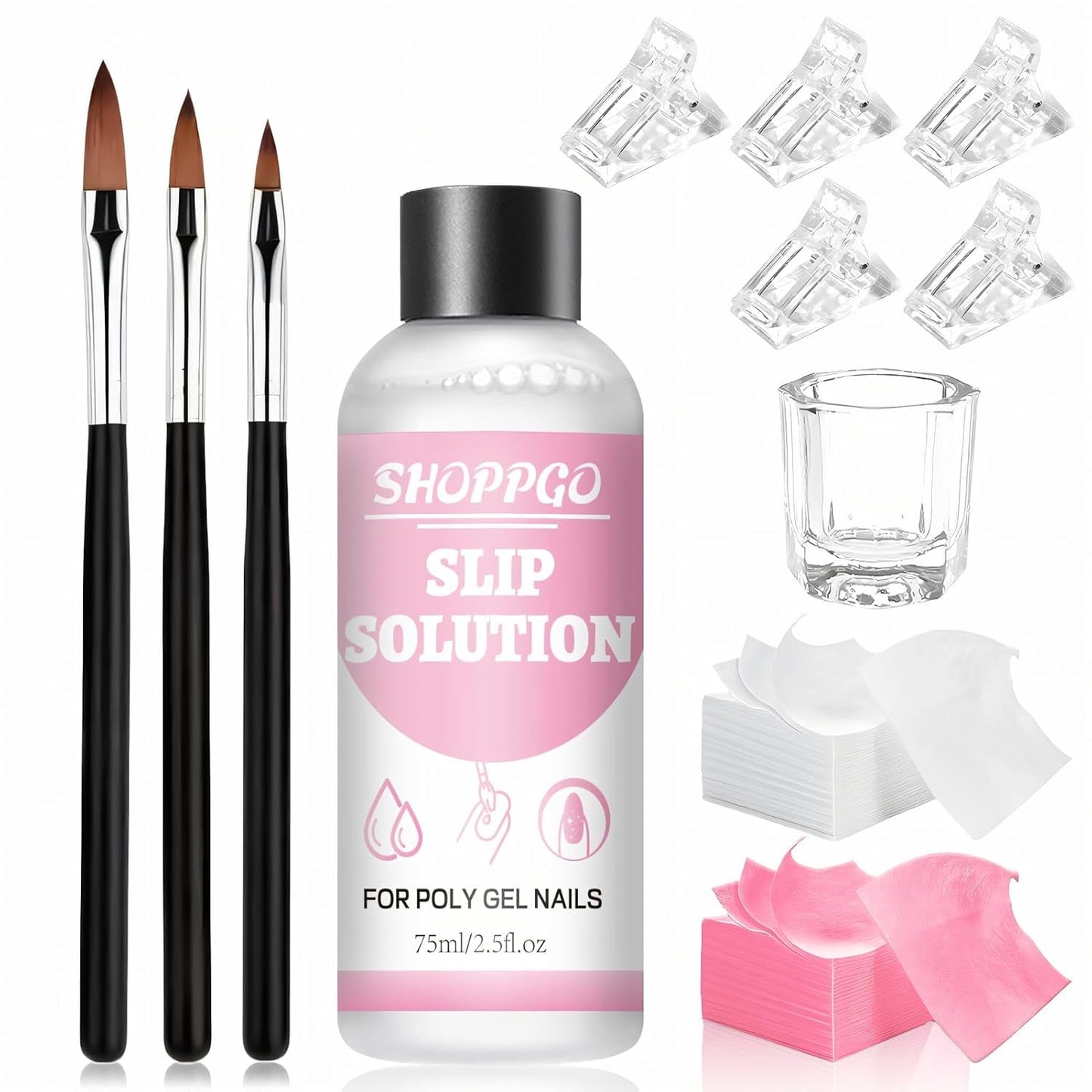 Solution de lissage Polygel, kit de solution de glissement Polygel, solution de lissage 75 ml, comprend 5 pinces à ongles, 3 brosses à ongles, 1 tasse en cristal, 100 feuilles de nettoyage