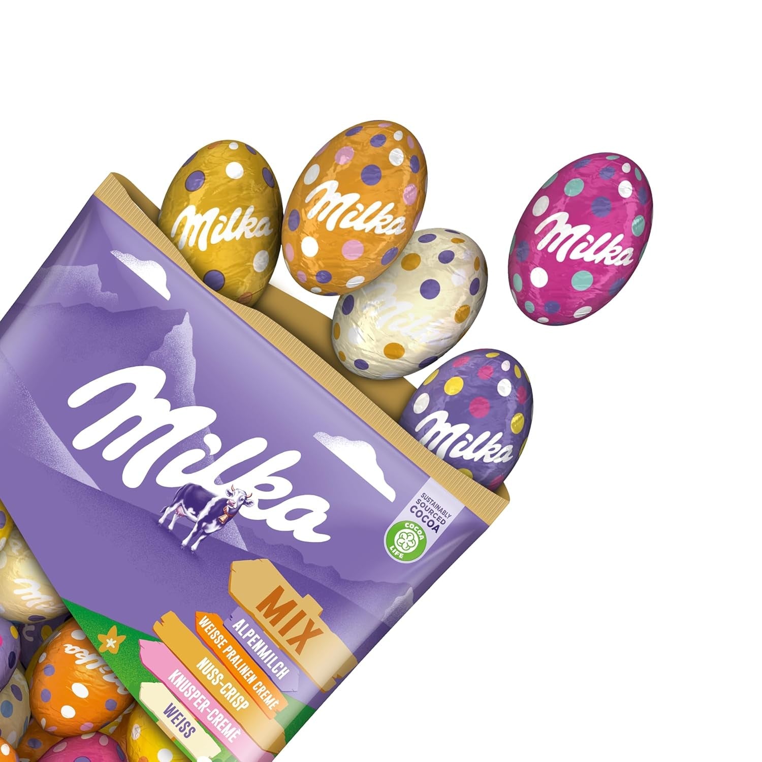 Mélange pour œufs Milka - Mélange coloré d'œufs fourrés en chocolat pour Pâques, en cinq variantes - 350g
