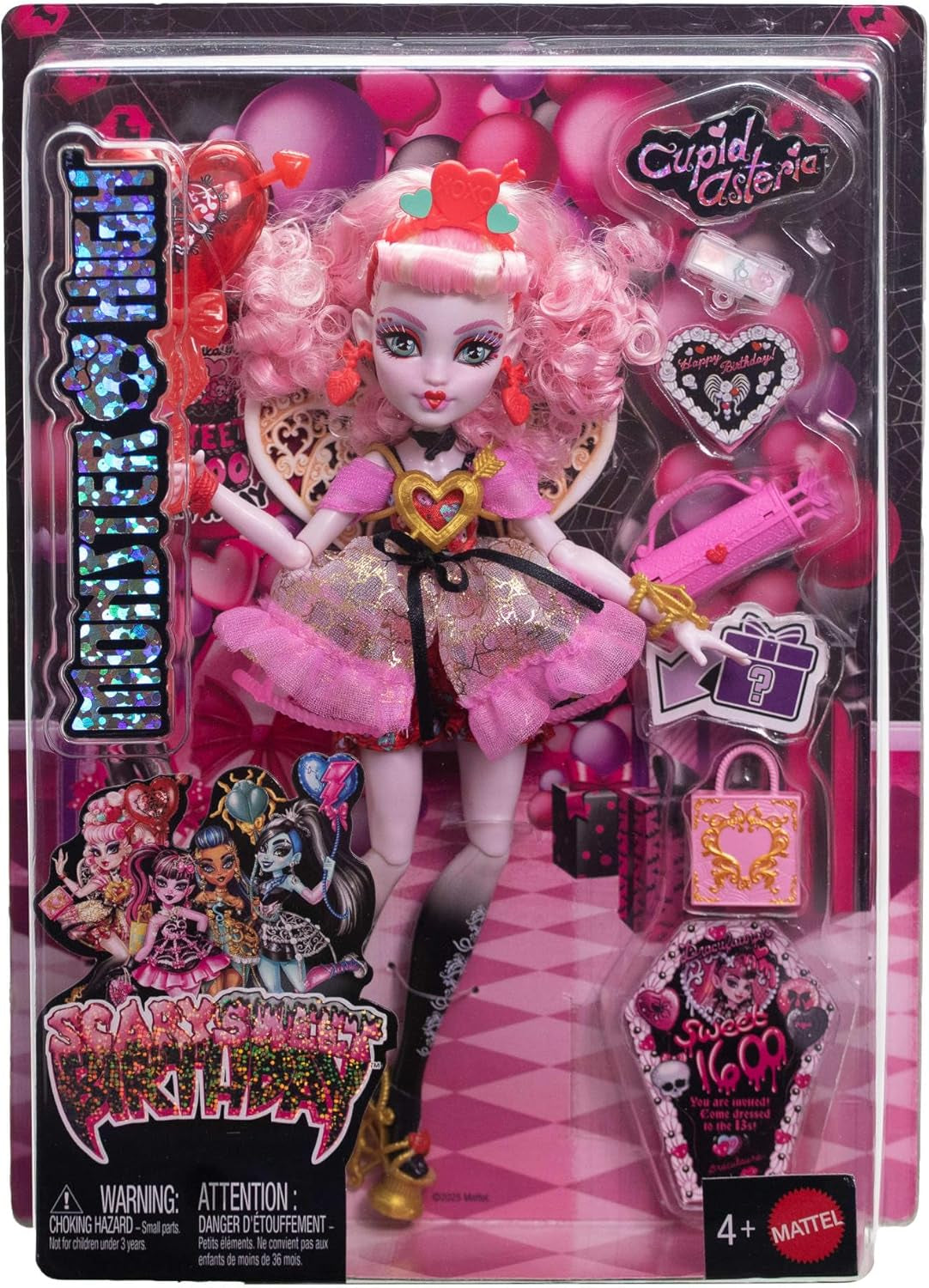 Poupée Monster High Scary Sweet Birthday Cupidon Asteria en robe de soirée rose et rouge avec accessoires à thème comme une invitation, un ballon, un cadeau et plus encore, JBG77