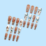 24 pièces presse longue sur les ongles cercueil ongles artificiels fleur de papillon ongles adhésifs blanc marron ensemble d'ongles en acrylique conseils d'ongles femmes printemps été accessoires pour ongles