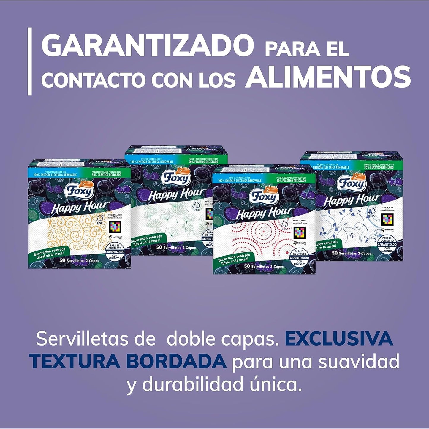 Happy Hour | Lingettes double couche | 16 paquets À 50 pièces À 33 X 33 Cm | Certifié FSC | Électricité 100% renouvelable | Emballage recyclable fabriqué à partir de plastique recyclé