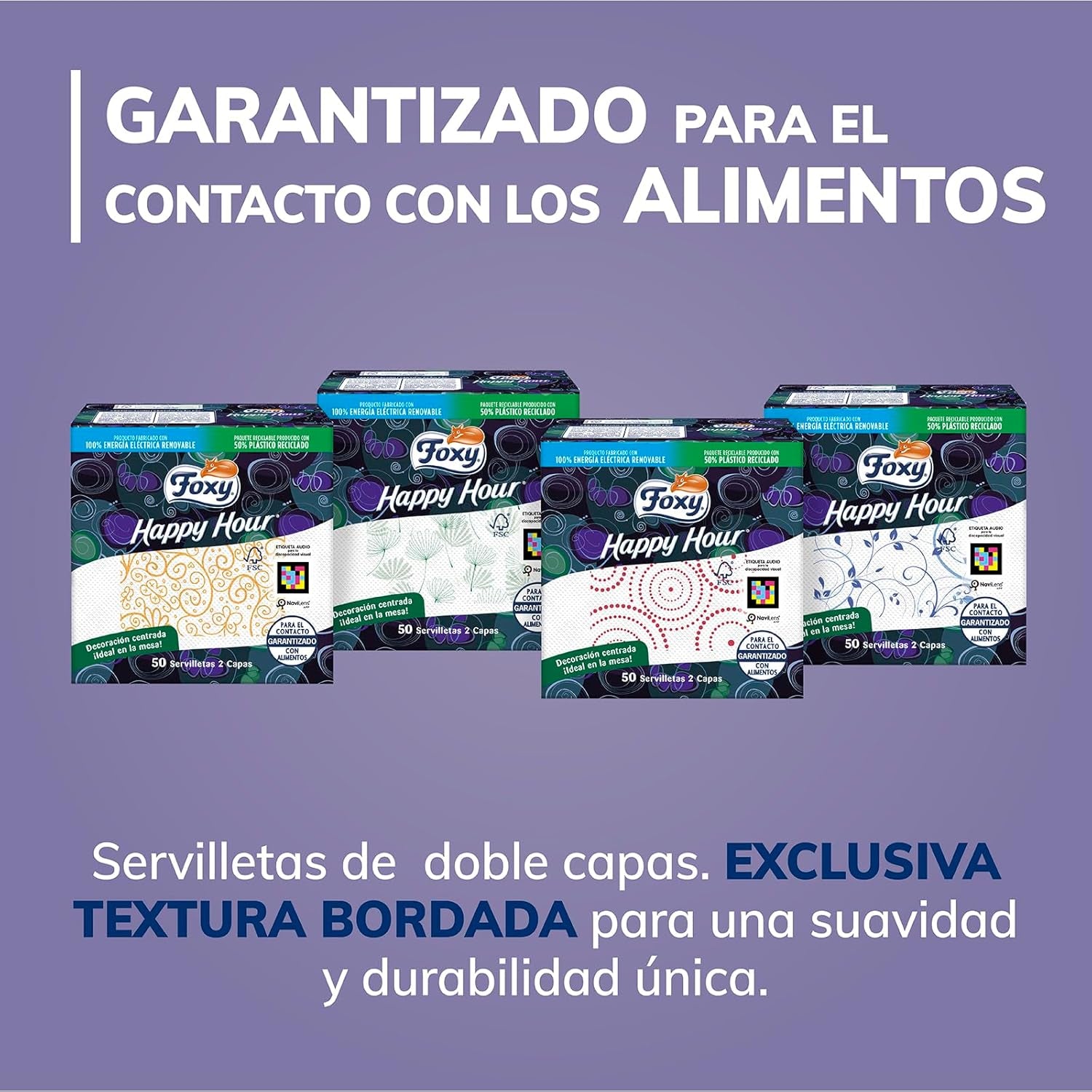 Happy Hour | Lingettes double couche | 16 paquets À 50 pièces À 33 X 33 Cm | Certifié FSC | Électricité 100% renouvelable | Emballage recyclable fabriqué à partir de plastique recyclé