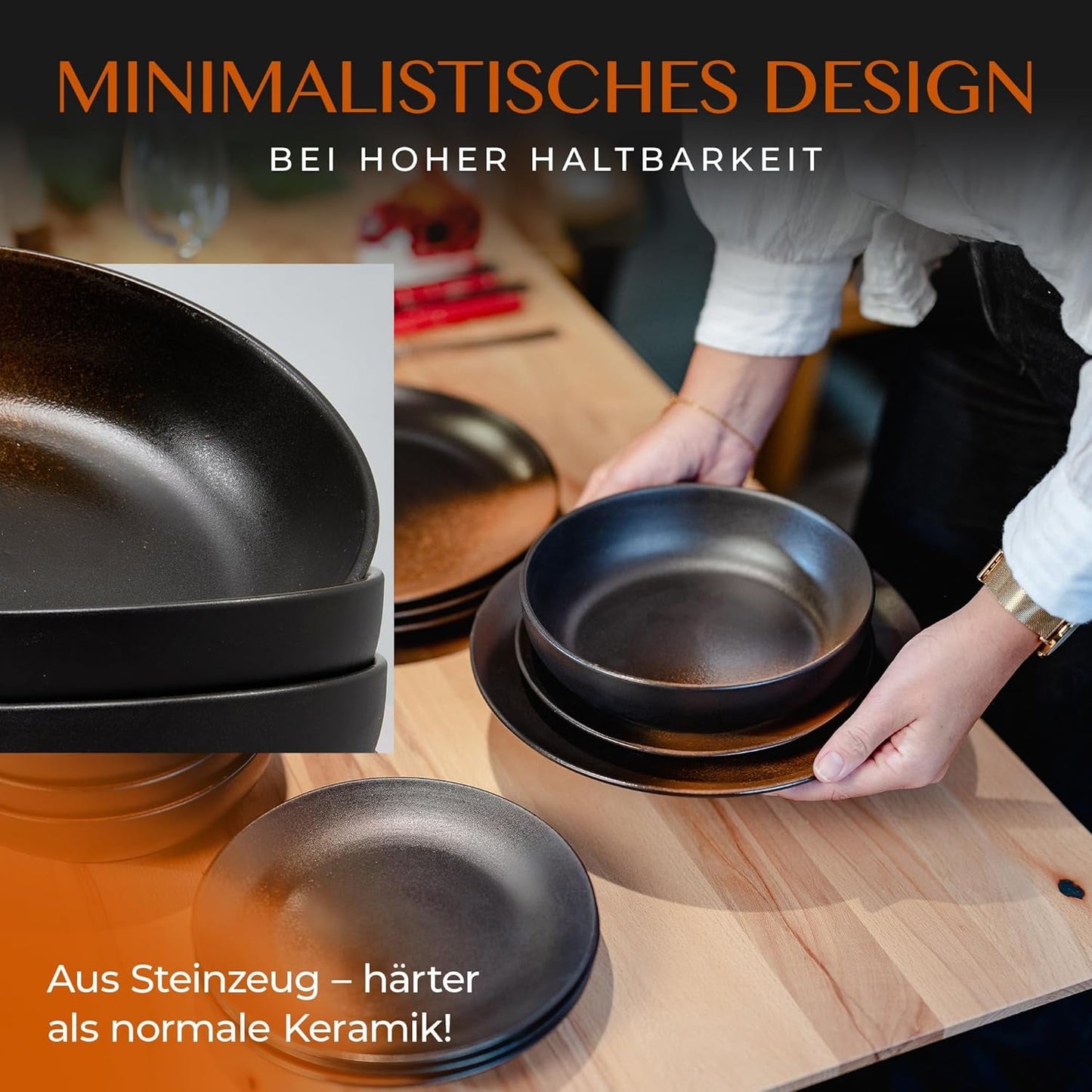 Service de table 12 pièces en grès – Ligne Prairie – Design élégant dans des tons marron/noir, lot de 4 assiettes plates, 4 assiettes à dessert et 4 assiettes plates/Collection Premium