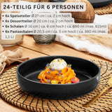 SÄNGER Madère | Service de table combiné 24 pièces, service de table en grès pour 6 personnes, 6 assiettes plates, 6 assiettes de petit-déjeuner, 6 assiettes plates, 6 bols à pâtes, ensemble de vaisselle et de bols, noir mat | LA COLLECTION VALEUR