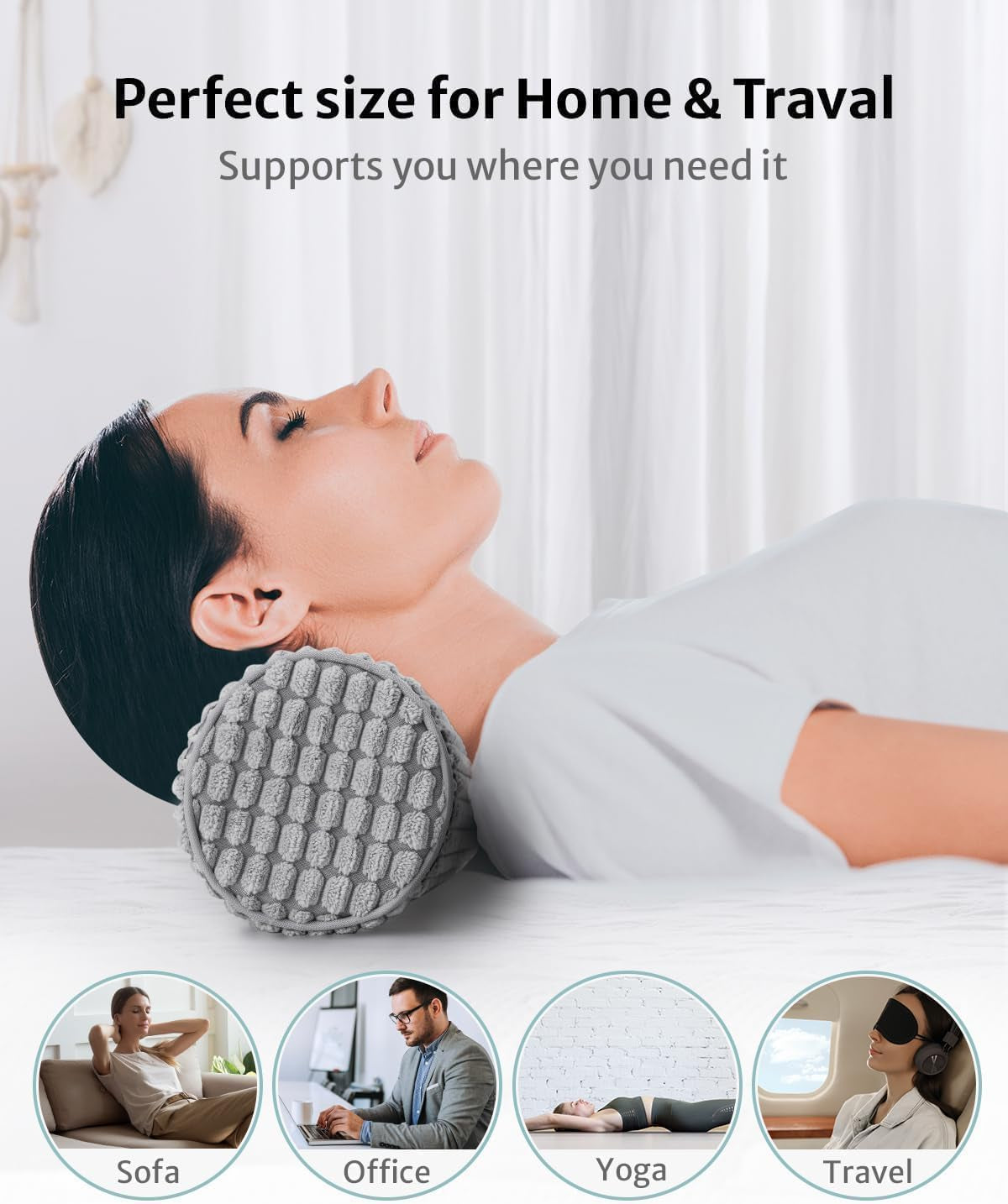 Rouleau de cou avec housse, oreiller de voyage en mousse à mémoire de forme 11 x 45 cm, oreiller cervical en peluche lavable par endroits pour soulager les douleurs cervicales, oreiller cervical pour la maison, le bureau, les voyages, le yoga, les oreillers orthopédiques cervicaux à cylindre rond Naty Shop