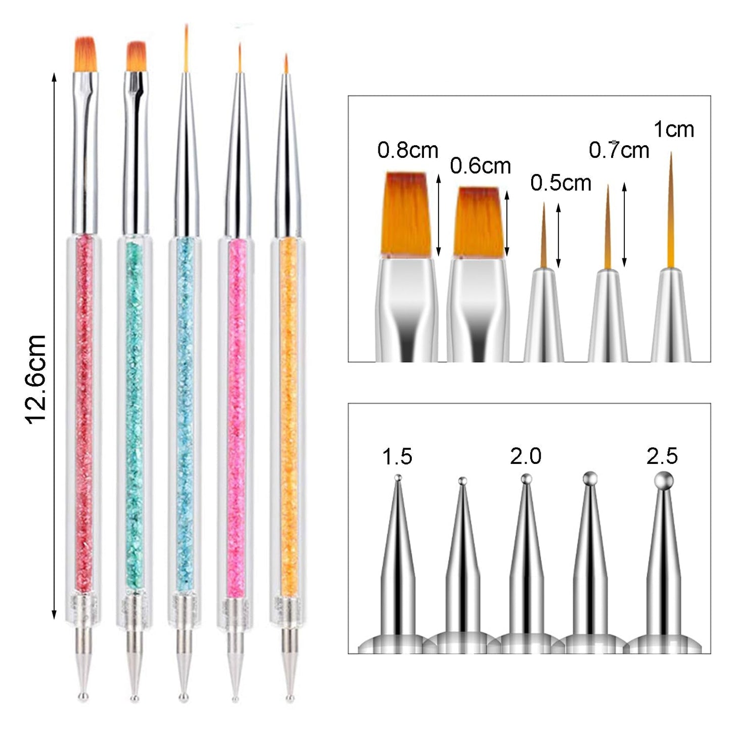 6 pcs Nagel Pinsel Set, Double Fin Nageldesign Pinsel, Acrylique Nail Art Pinsel Set Nail Art Liner Pinsel Dotting Tool pour DIY Nail Art Design (Mit 1 Schwammbürste)