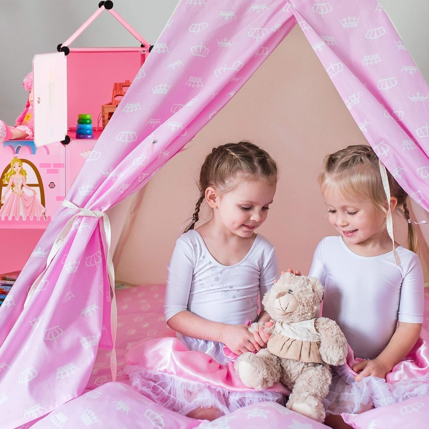 Relaxdays Etagère chambre enfant, château de princesse, plastique, meuble DIY avec portes, HBT : 128 X 110 X 37 Cm, rose Naty Shop Dollhouses