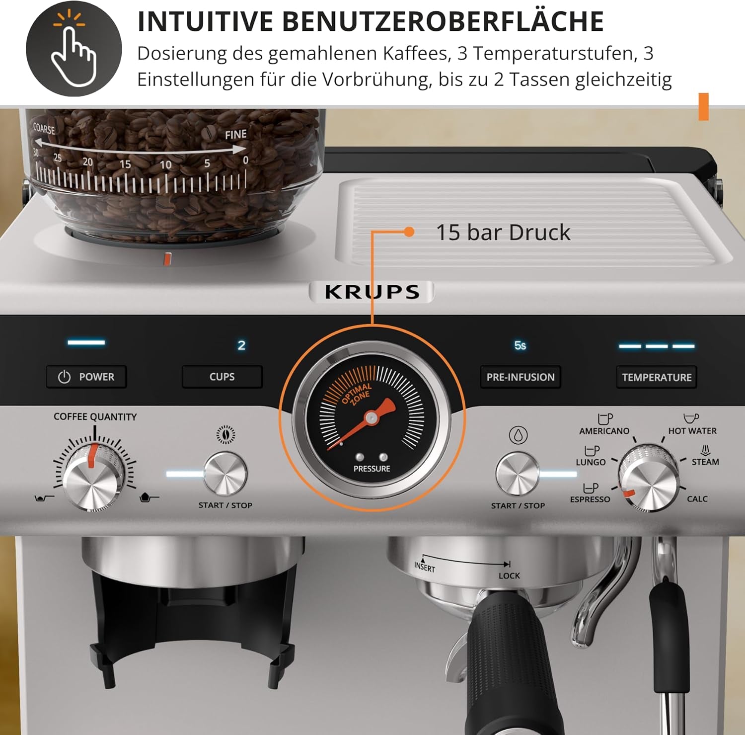 Machine à expresso manuelle Krups Precision avec porte-filtre et moulin, machine à café barista avec panneau de commande intuitif, réglages de pré-infusion, machine à expresso avec buse vapeur, chauffage rapide, XP801T10