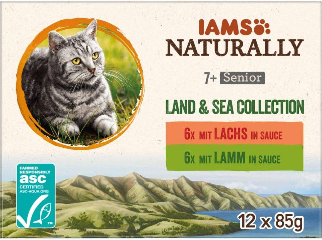 IAMS Naturally Senior Nourriture humide en sauce - Nourriture humide à base de viande et de poisson de haute qualité pour chats âgés, Collection Land & Sea, 12 x 85 g