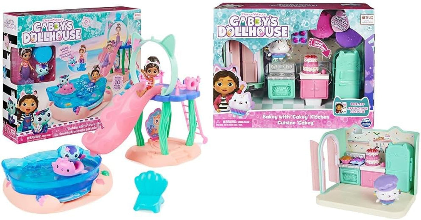 Gabby's Dollhouse, ensemble de jeu Purific Pool Party avec figurines Gabby et suricate et chambre de luxe, Cakey Baking, Cakey Kitchen