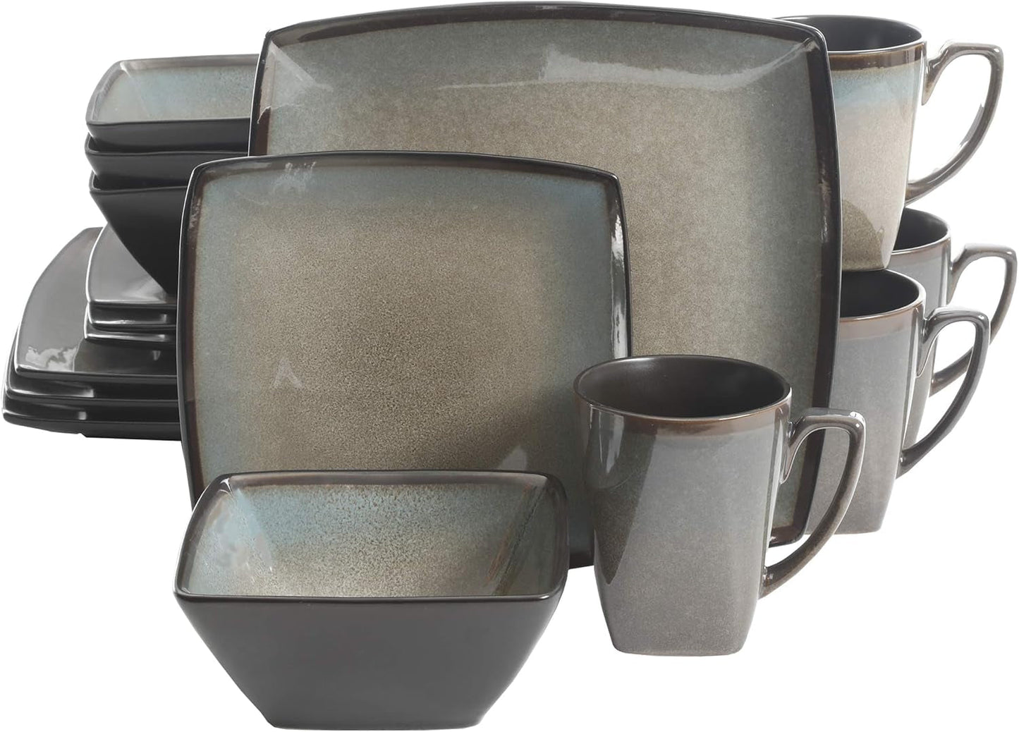 Tequesta Service de table carré en grès émaillé réactif pour 4 personnes (16 pièces) Taupe