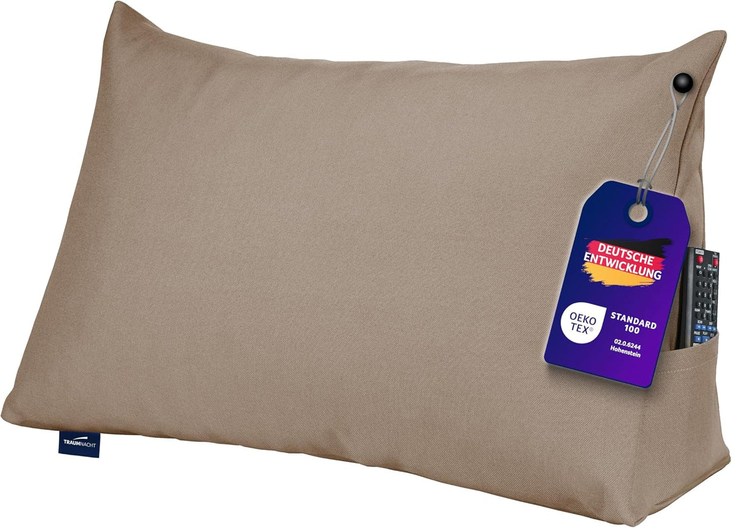 Traumnacht Cosy Back Oreiller de lecture 70 x 40 cm beige Housse amovible et lavable en 100 % polyester Poche latérale pratique Certifié Oeko-Tex Produit selon les normes de qualité allemandes