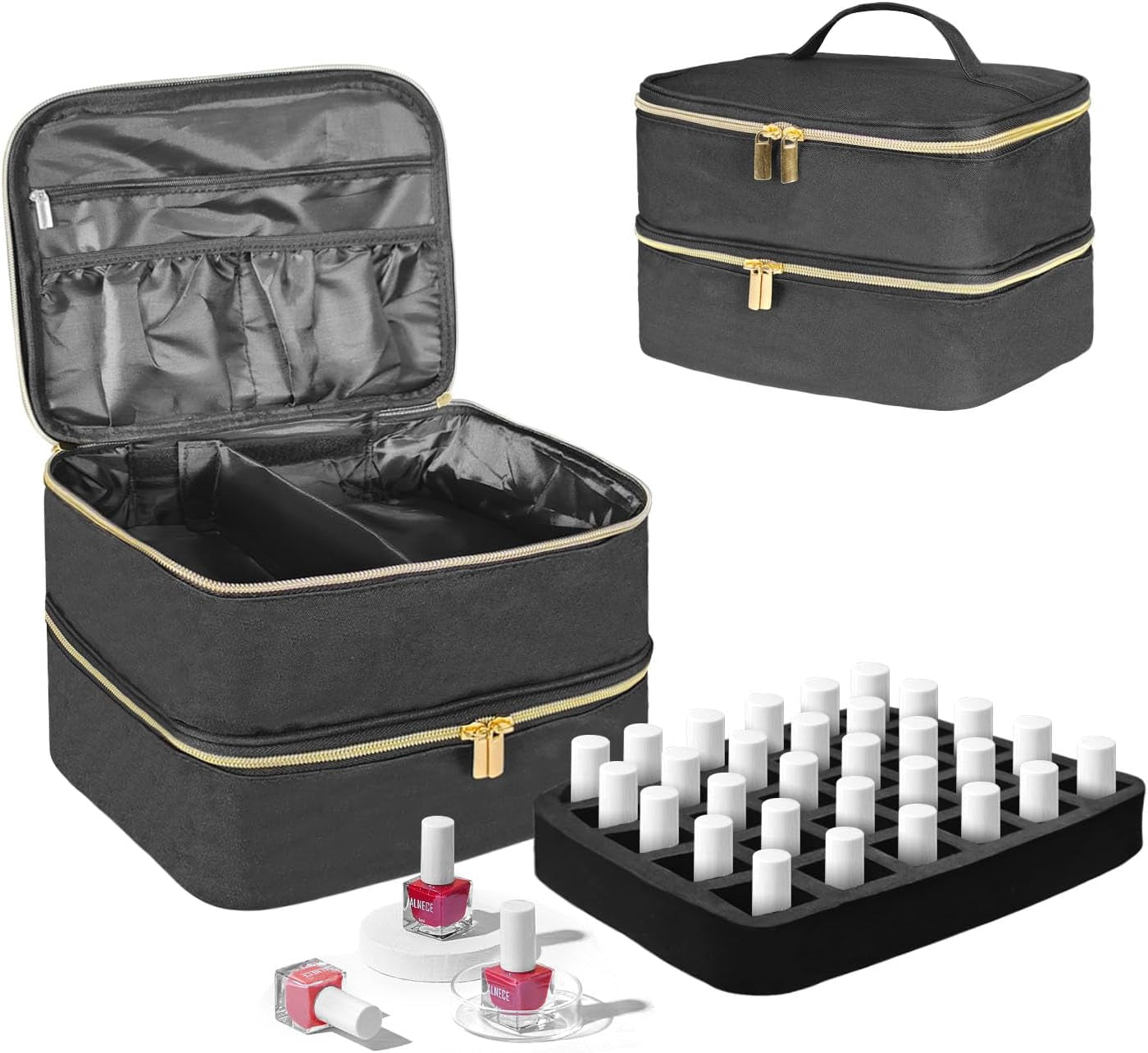 Sac organisateur de vernis à ongles, boîte de rangement double de vernis à ongles, organisateur de coffre pour le design des ongles, sacs cosmétiques pour 30 flacons de base Neonail (15 ml-0,5 fl. oz) et 1 lampe à ongles (noir)
