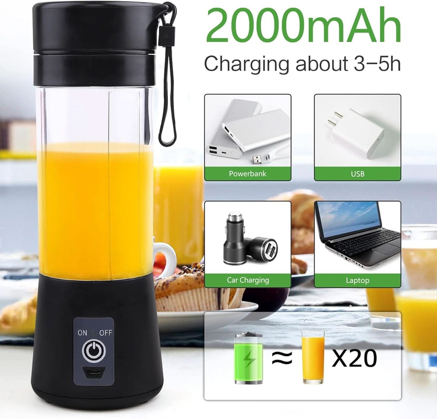 Mélangeur Smoothie Maker Entsafter: 380Ml Standmixer Persönlicher Shaker Proteinshake Mit 6 Edelstahlmesser Tragbar-Bpa-Freie Mit USB-Mixbecher Für Shakes,Saftoutdoor,Schwarz Bucatarie Naty Shop