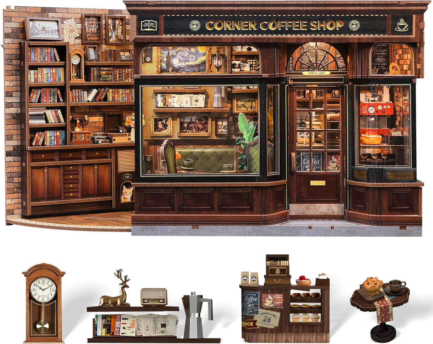 CUTEBEE Kit d'angle de livre – Maisons de poupée à monter soi-même, kit de construction de maison miniature éclairée par LED pour adultes, puzzle 3D en bois et support de livre – Décoration d'étagère et cadeau (coin café)