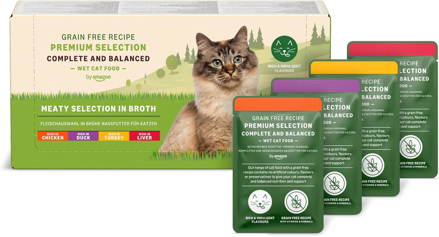 Amazon Nourriture humide sans céréales pour chats adultes Sélection de viande en bouillon 4,76 kg 56 paquets de 85 g (anciennement Lifelong)