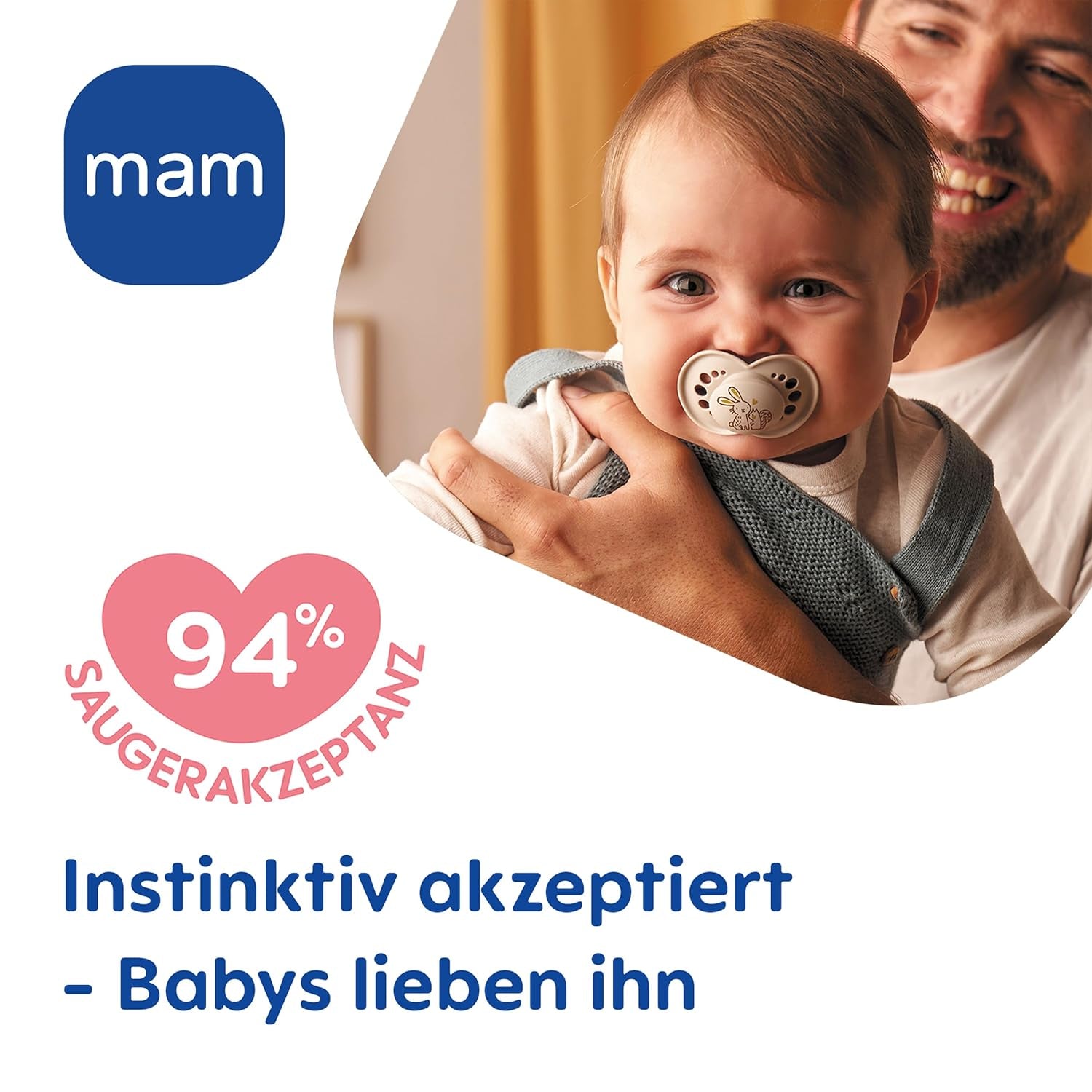 Sucettes MAM Original, paquet de 2, sucettes pour bébé respectueuses des dents, fabriquées à partir de matériaux durables et biorégénérables, tétines en silicone MAM SkinSoft, avec boîte à tétines, 6-16 mois, bleu/bleu clair