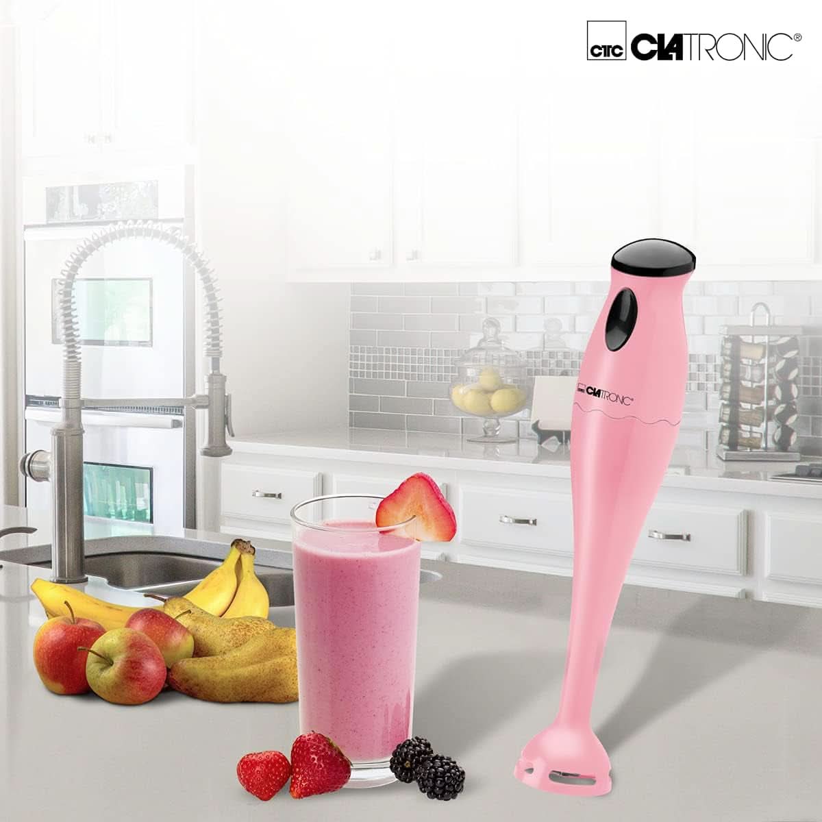 Clatronic Stabmixer/Pürierstab/Blender/Stab-Mixer/Stick/Mixstab SM 3577 ; Edelstahl-Schlagmesser; Pour Smoothie, Kürbispüree, Babybrei, Milchshake ; Avec Mixbehälter (500 ml); 180 watts ; Cuisine Rose Naty Shop