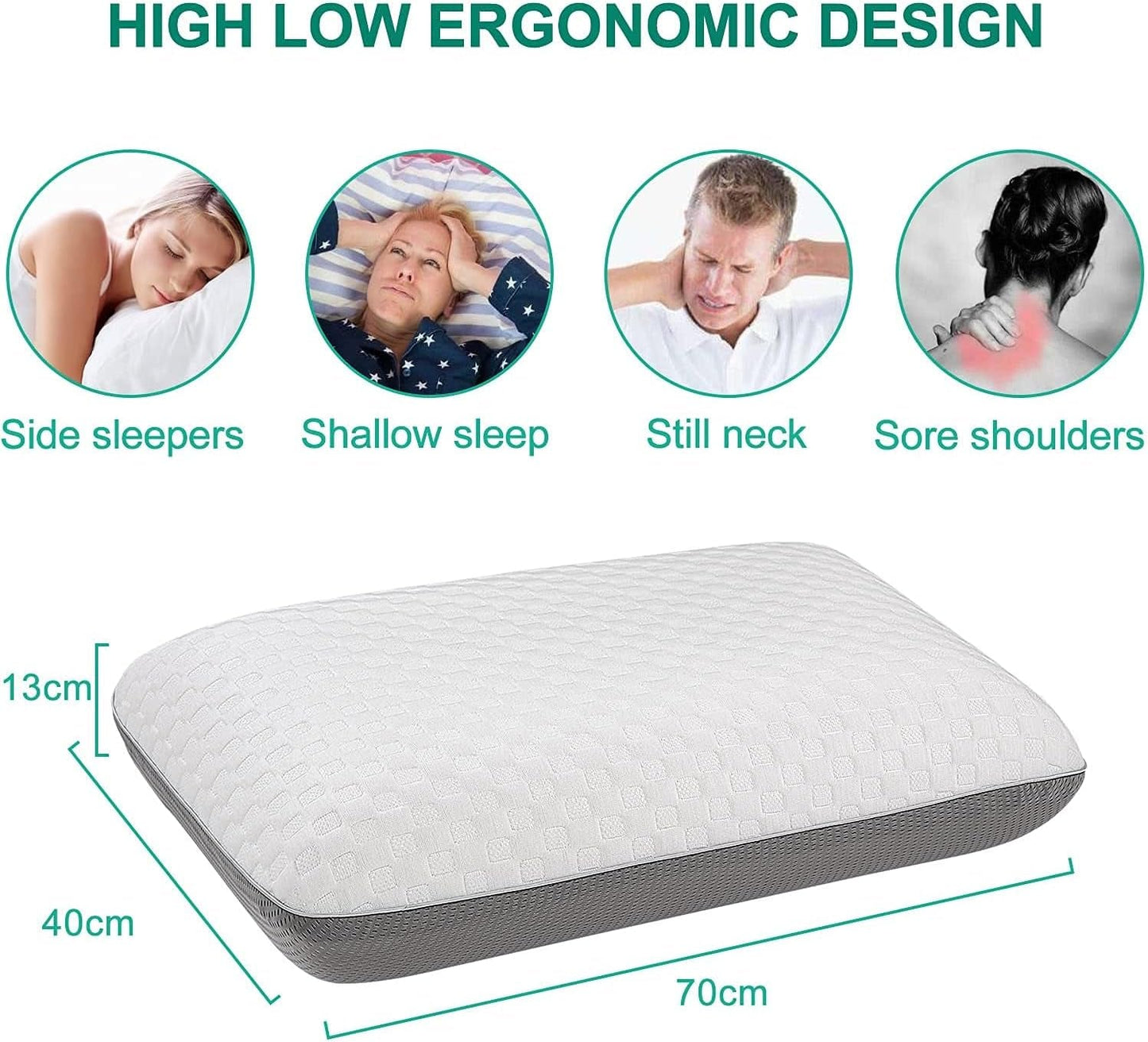 Fityou Oreiller en mousse à mémoire de forme Oreiller de soutien du cou Oreiller de couchage ergonomique Oreiller rafraîchissant Conception double face Housse de coussin lavable (67,5 x 40 x 13 cm) Oreillers orthopédiques cervicaux Naty Shop