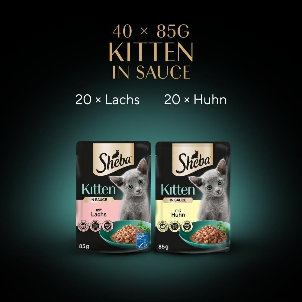 Nourriture humide Sheba pour chatons, en sachets assortis, au saumon (MSC) et poulet en sauce, multipack 40x85g
