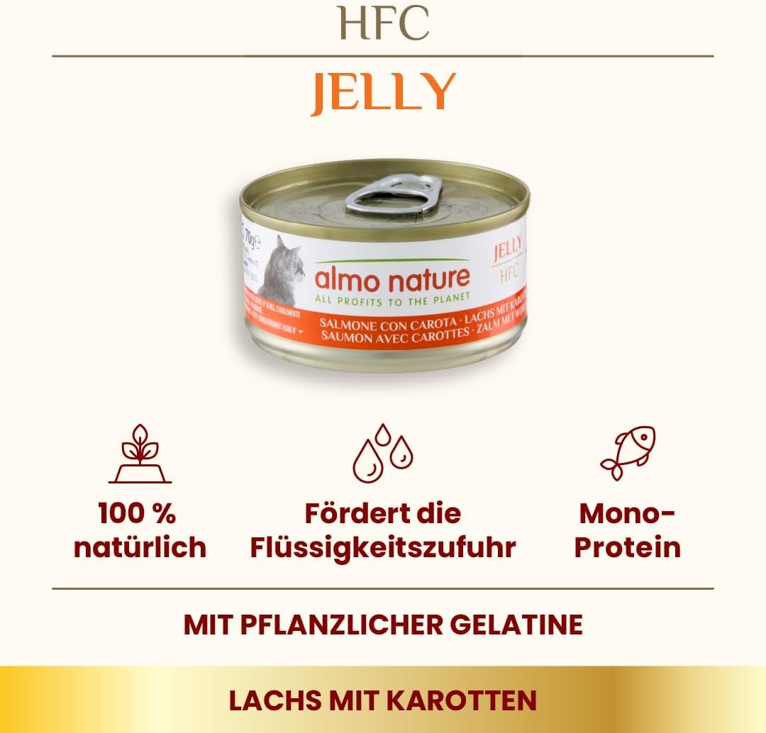 Almo Nature HFC Jelly - Nourriture humide pour chat adulte - Saumon et Carottes - Qualité humaine, Sans gluten - 6 x 70g