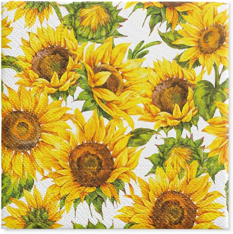 PAW - Serviettes 3 épaisseurs (33 X 33 cm) I 20 pièces I Parfaites pour les anniversaires, fêtes, rendez-vous I Décorations de table d'automne I Serviettes en papier colorées - Pétales jaunes de tournesol I Tournesol dansant