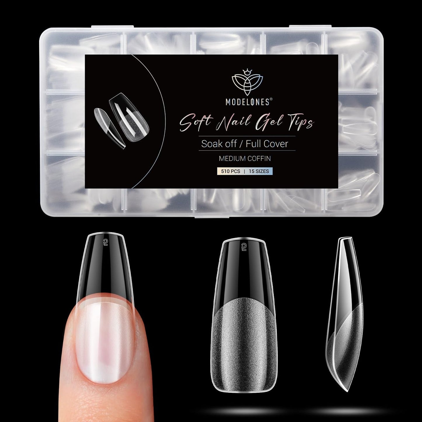 Modelones Nail Tips 510 pièces – Ensemble de pointes d'ongles à couverture complète, ensemble de pointes en gel, pointes d'ongles en résine PMMA pré-polonées, ongles artificiels à coller sur Nail Art DIY, Squoval court