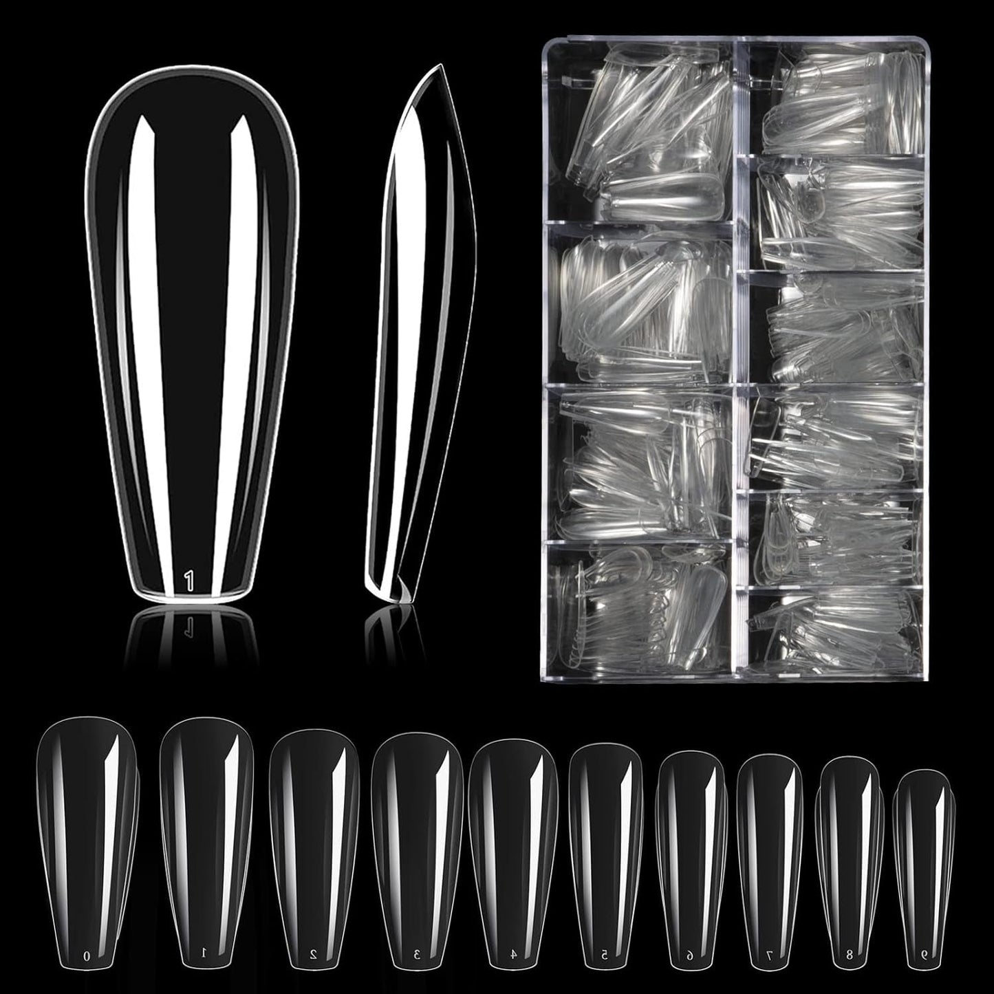 Types d'ongles, 500 pièces de faux ongles artificiels en acrylique avec boîte de rangement pour salons de manucure et bricolage à domicile, 10 tailles