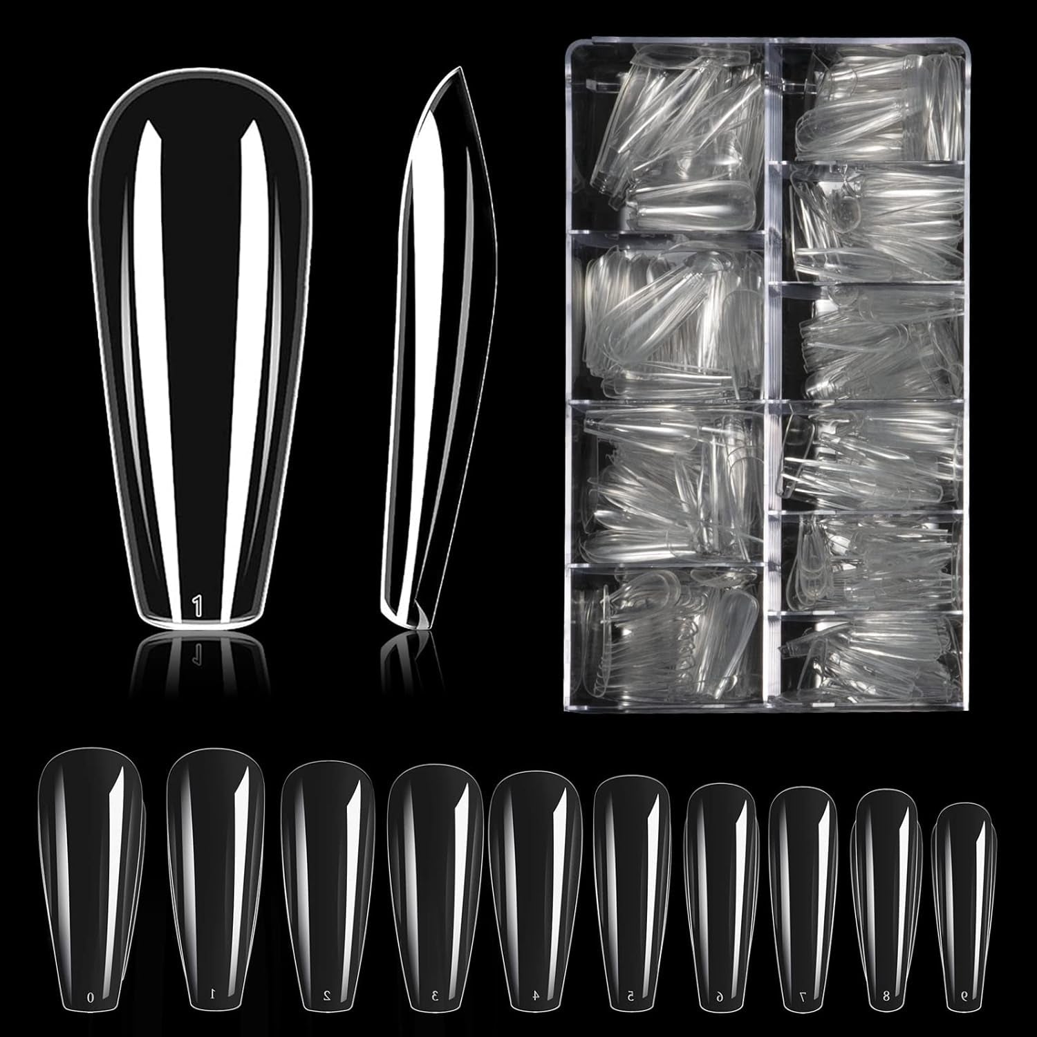 Types d'ongles, 500 pièces de faux ongles artificiels en acrylique avec boîte de rangement pour salons de manucure et bricolage à domicile, 10 tailles